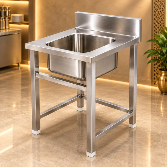 Gurubhai Equipments SS Single Bowl Sink Table with Backsplash – Front View