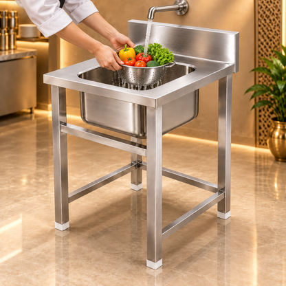 Gurubhai Equipments SS Single Bowl Sink Table with Backsplash – In Use