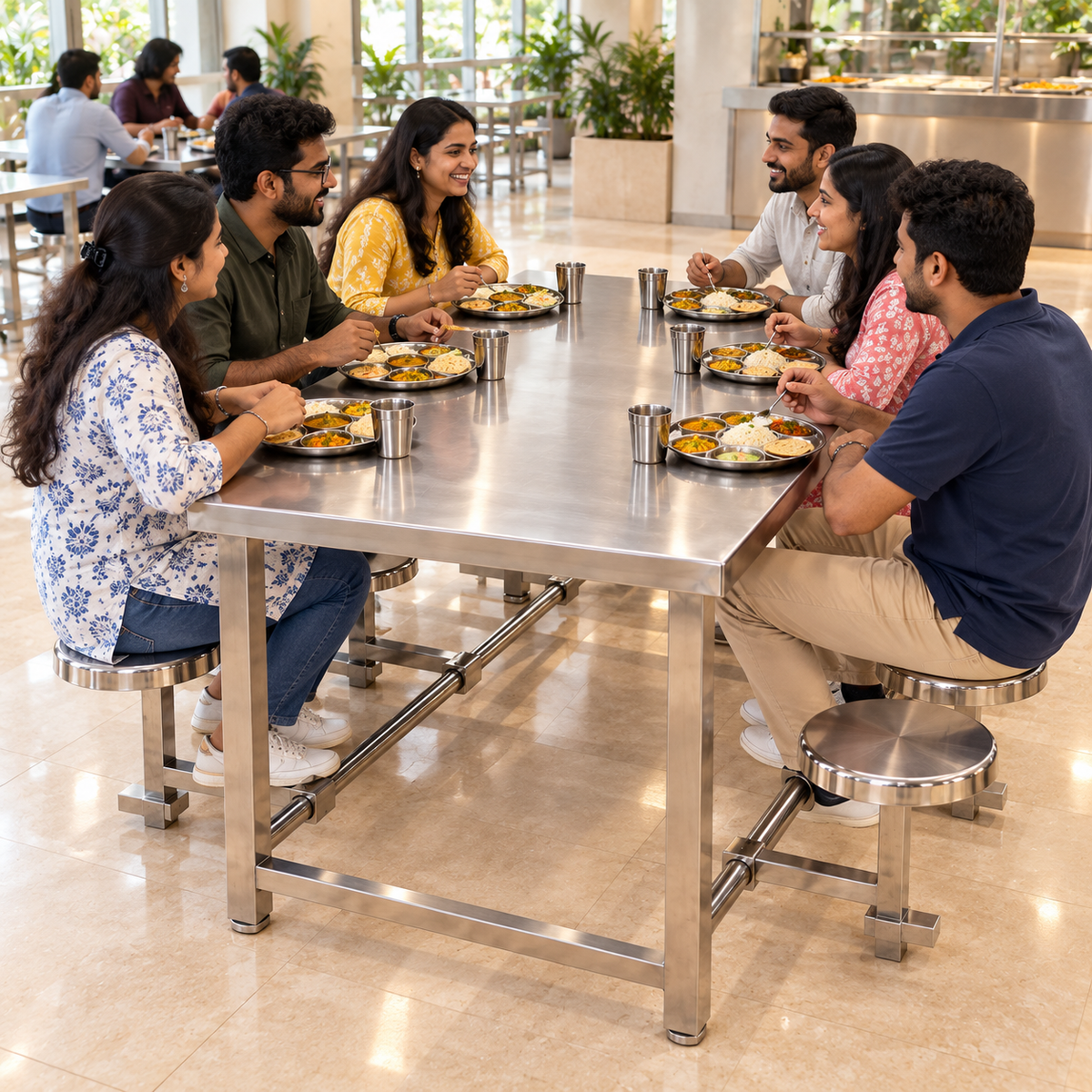 Gurubhai Equipments 6 Seater Folding Stool Seating – In Use
