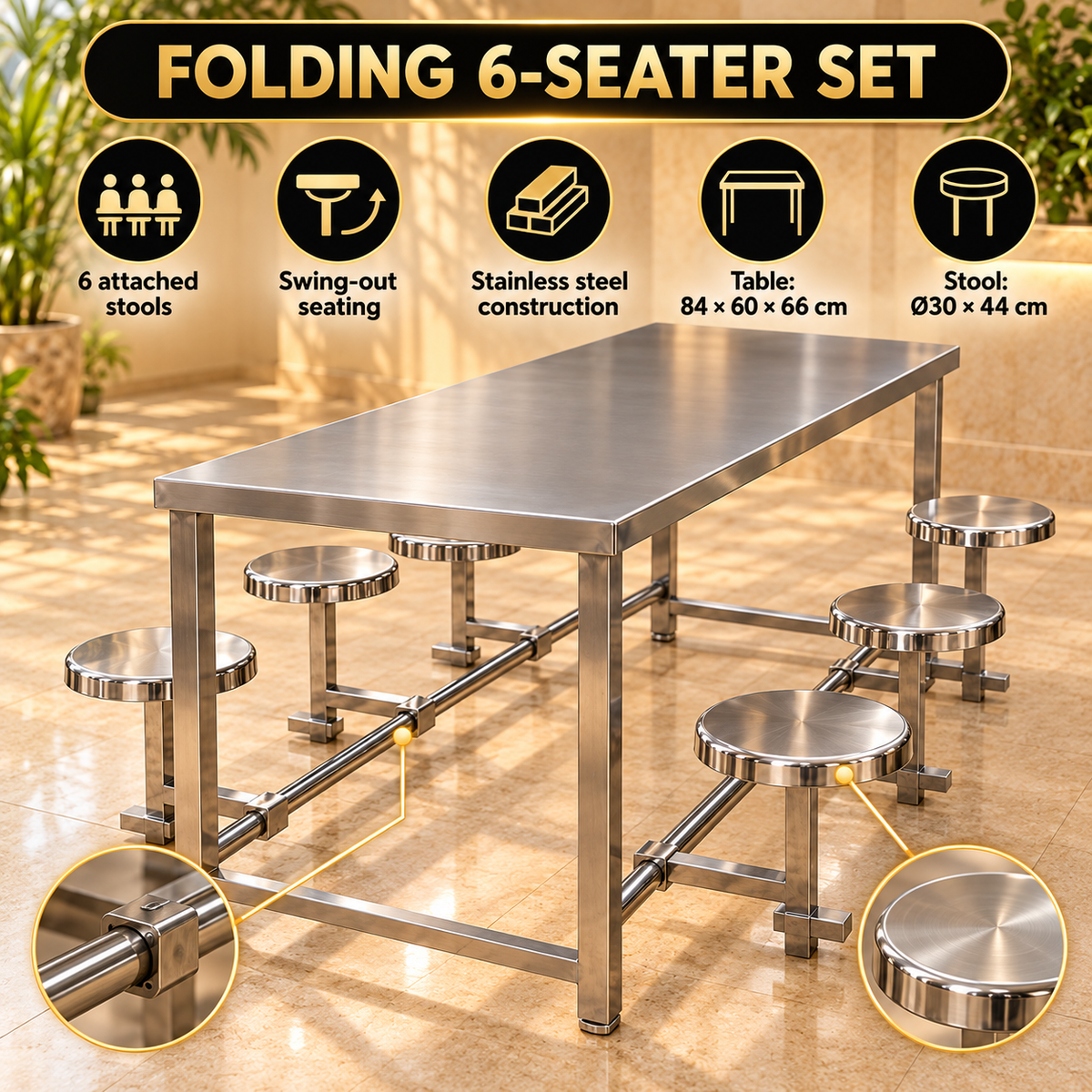 Gurubhai Equipments 6 Seater Folding Stool Seating – Dimensions