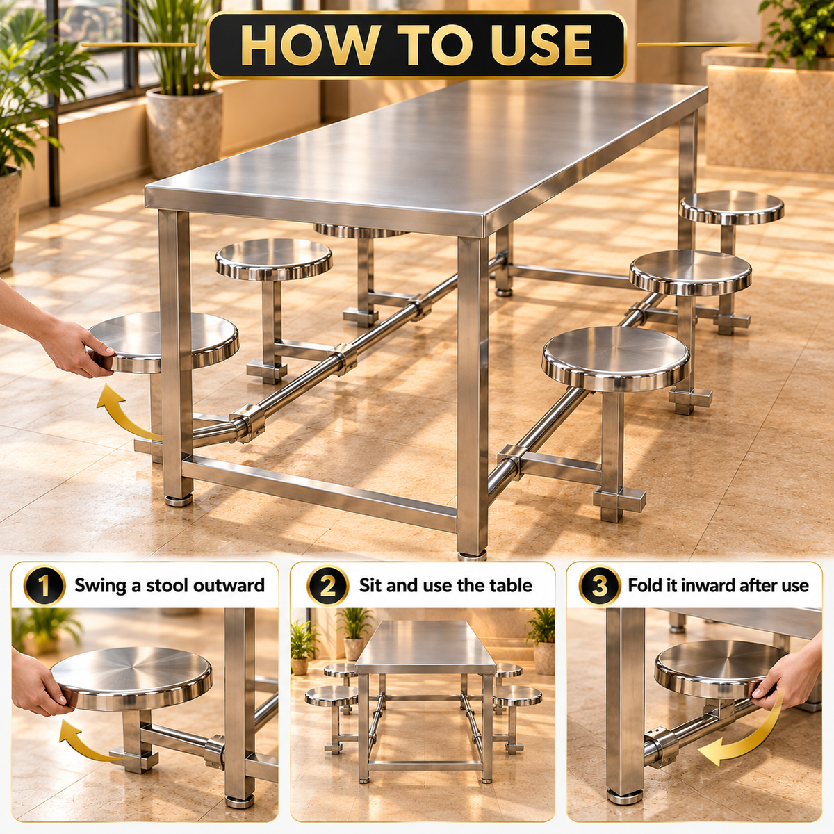 Gurubhai Equipments 6 Seater Folding Stool Seating – How to Use