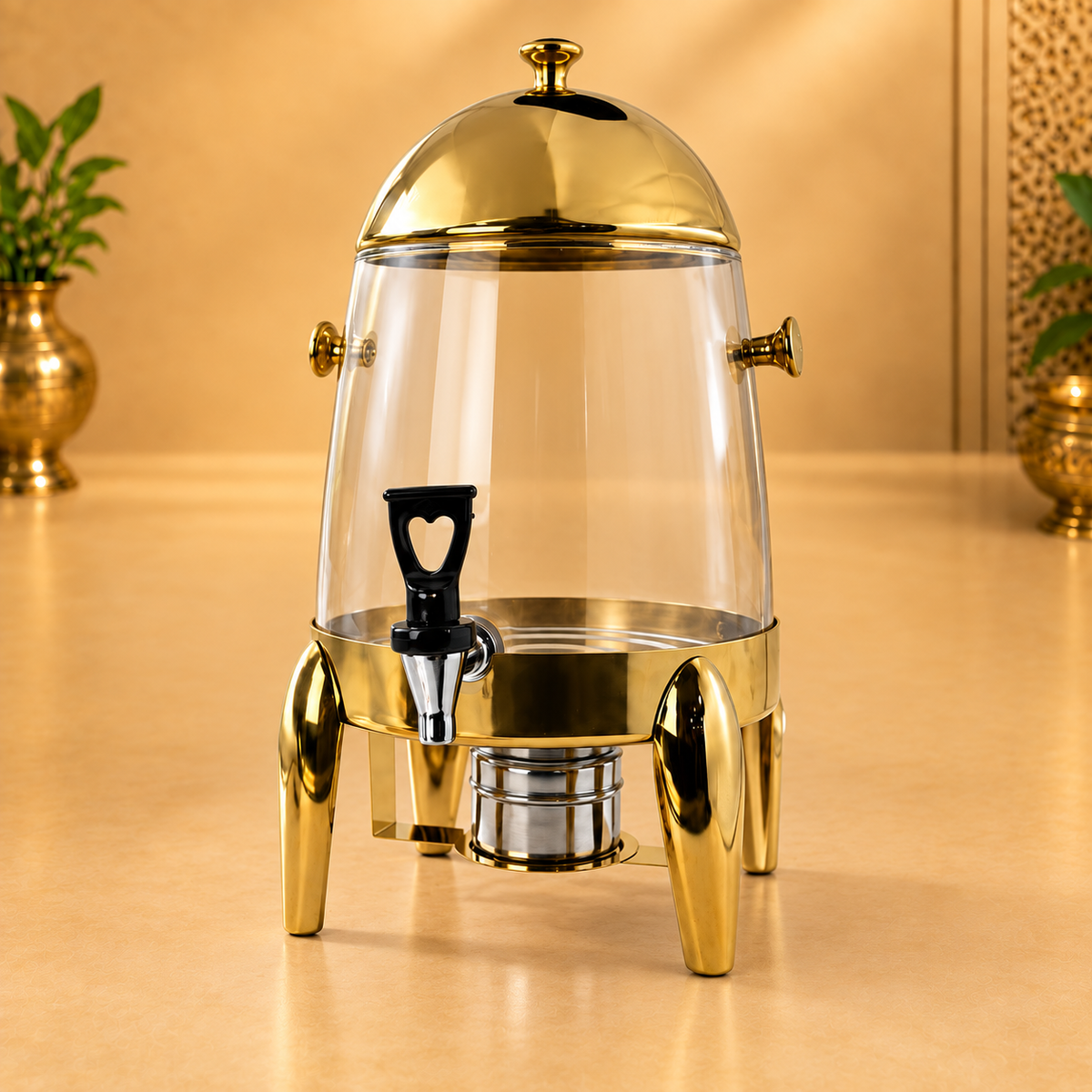 Golden glass beverage dispenser with tap and stand — main product view