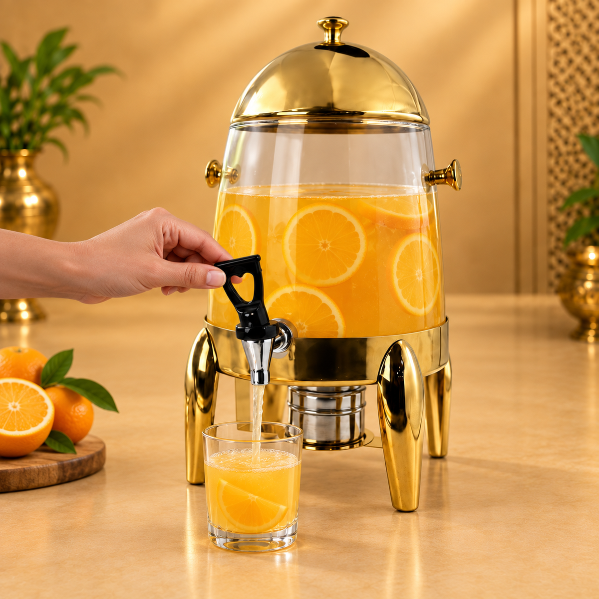 Golden glass beverage dispenser with tap and stand — product image 2
