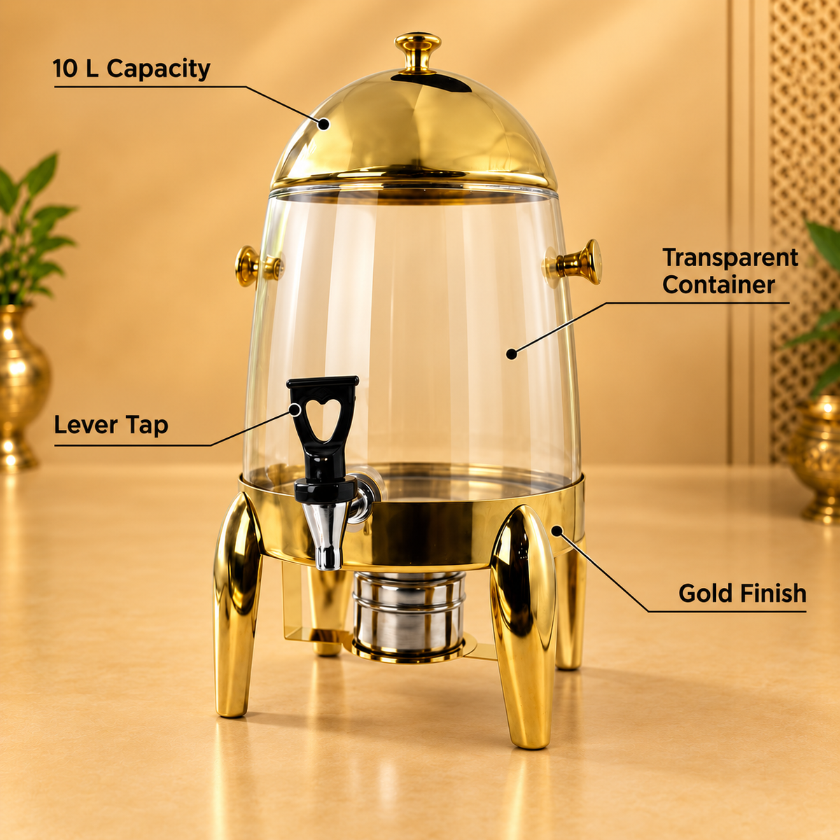 Golden glass beverage dispenser with tap and stand — product image 8