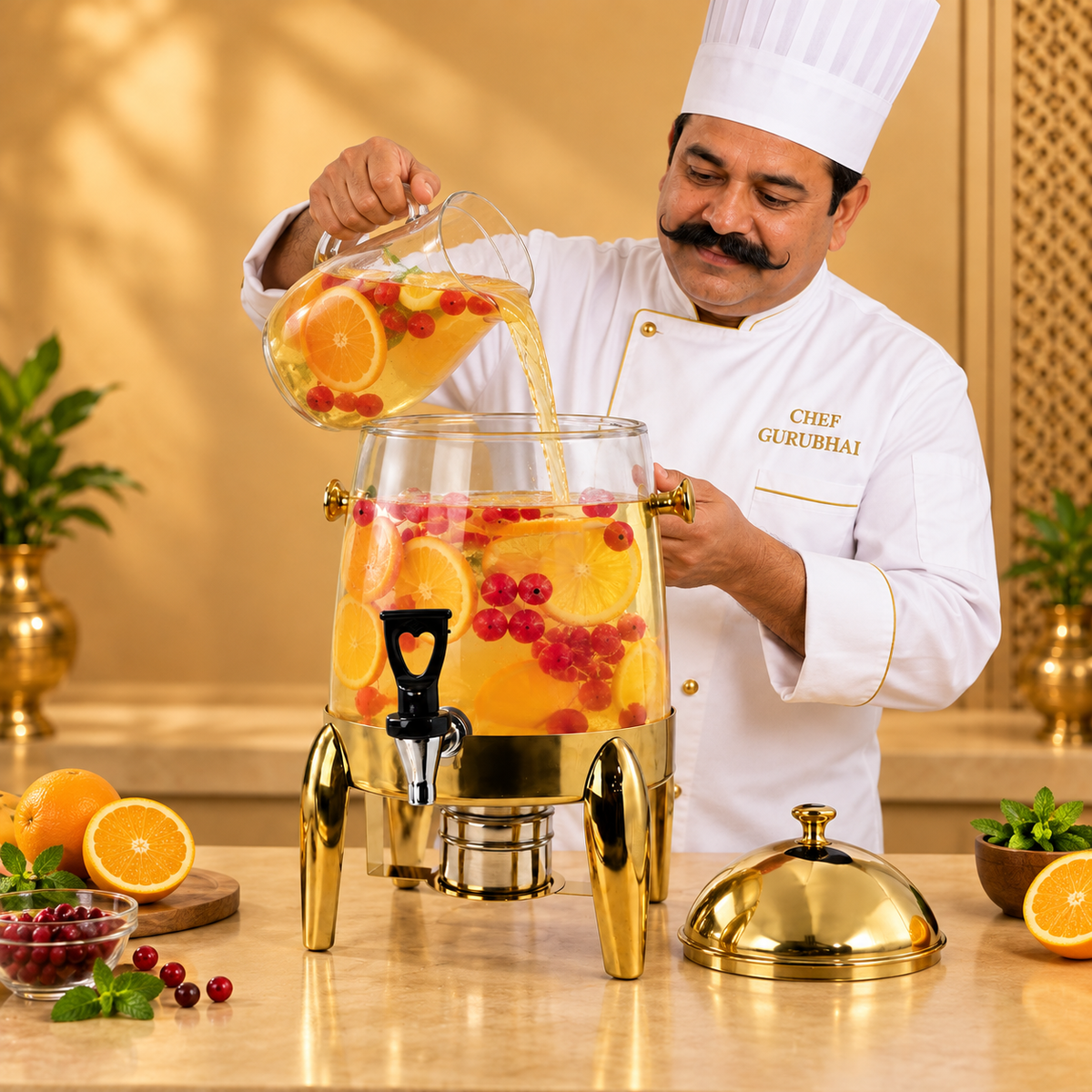 Golden glass beverage dispenser with tap and stand — product image 6
