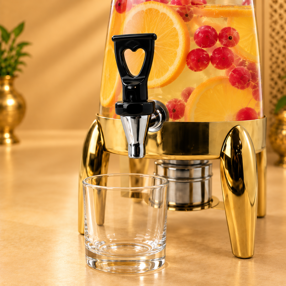 Golden glass beverage dispenser with tap and stand — product image 7