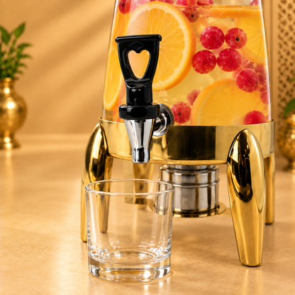 Golden glass beverage dispenser with tap and stand — product image 7