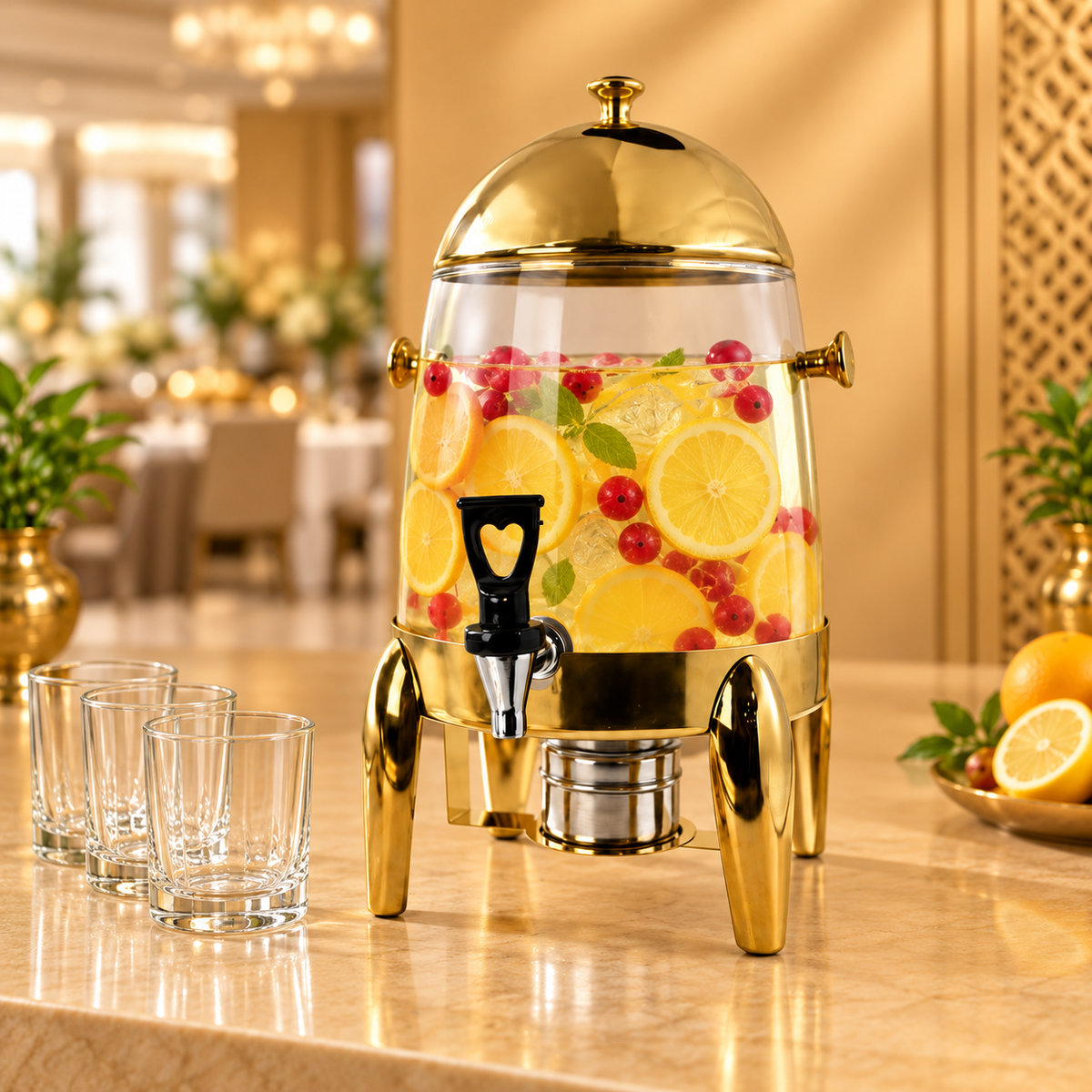 Golden glass beverage dispenser with tap and stand — product image 5