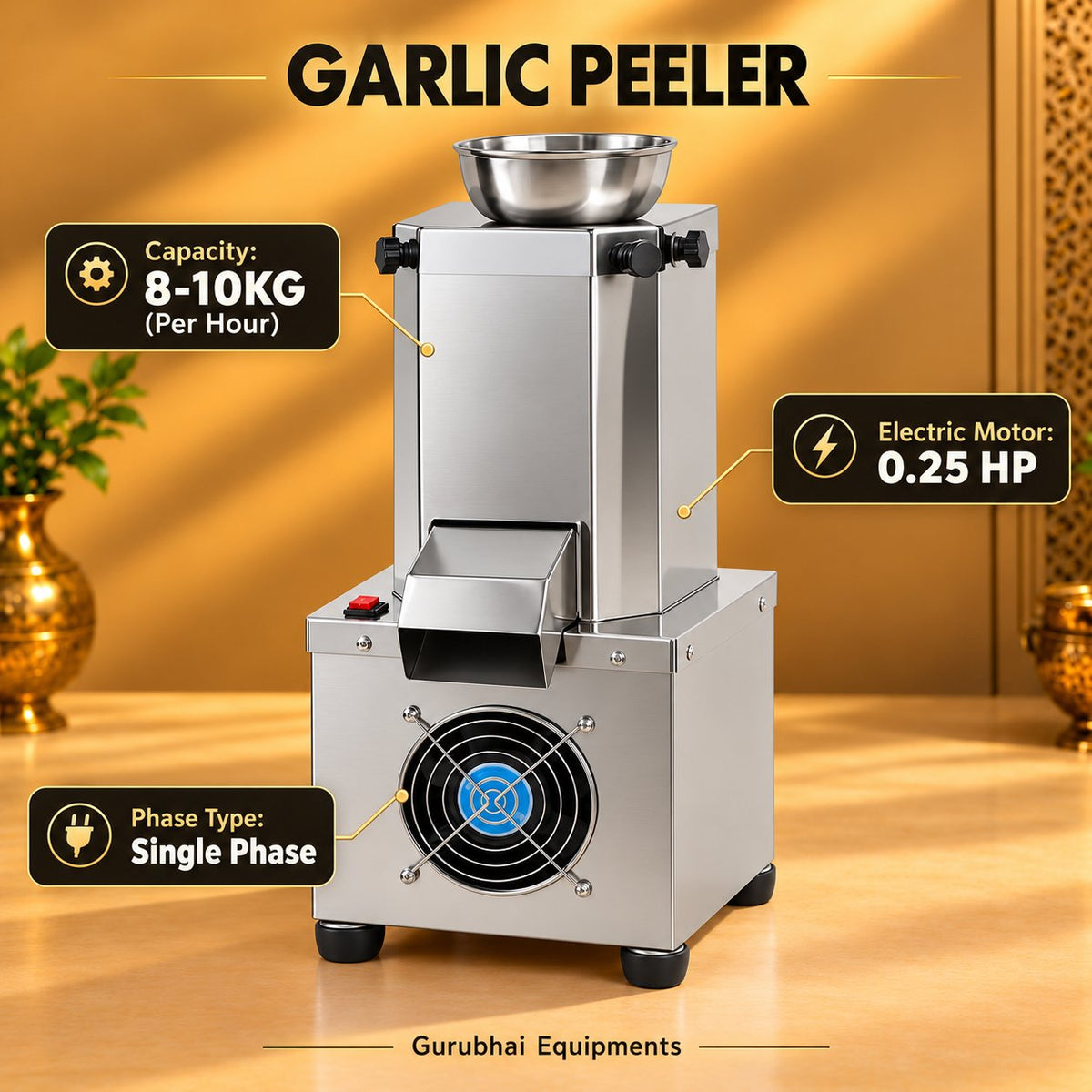 Gurubhai Equipments Garlic Peeler – Dimensions & Specifications