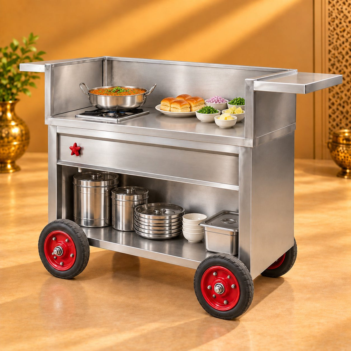 Gurubhai Equipments SS Counter With Wheels – In Use