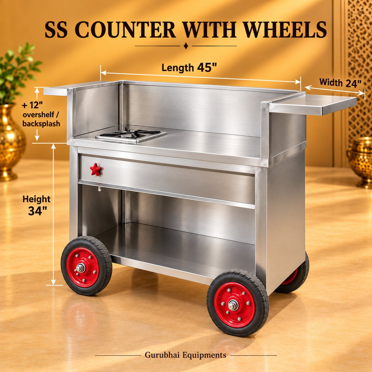 Gurubhai Equipments SS Counter With Wheels – Dimensions & Specifications