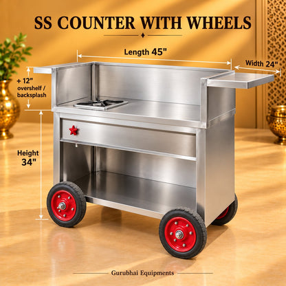 Gurubhai Equipments SS Counter With Wheels – Dimensions & Specifications