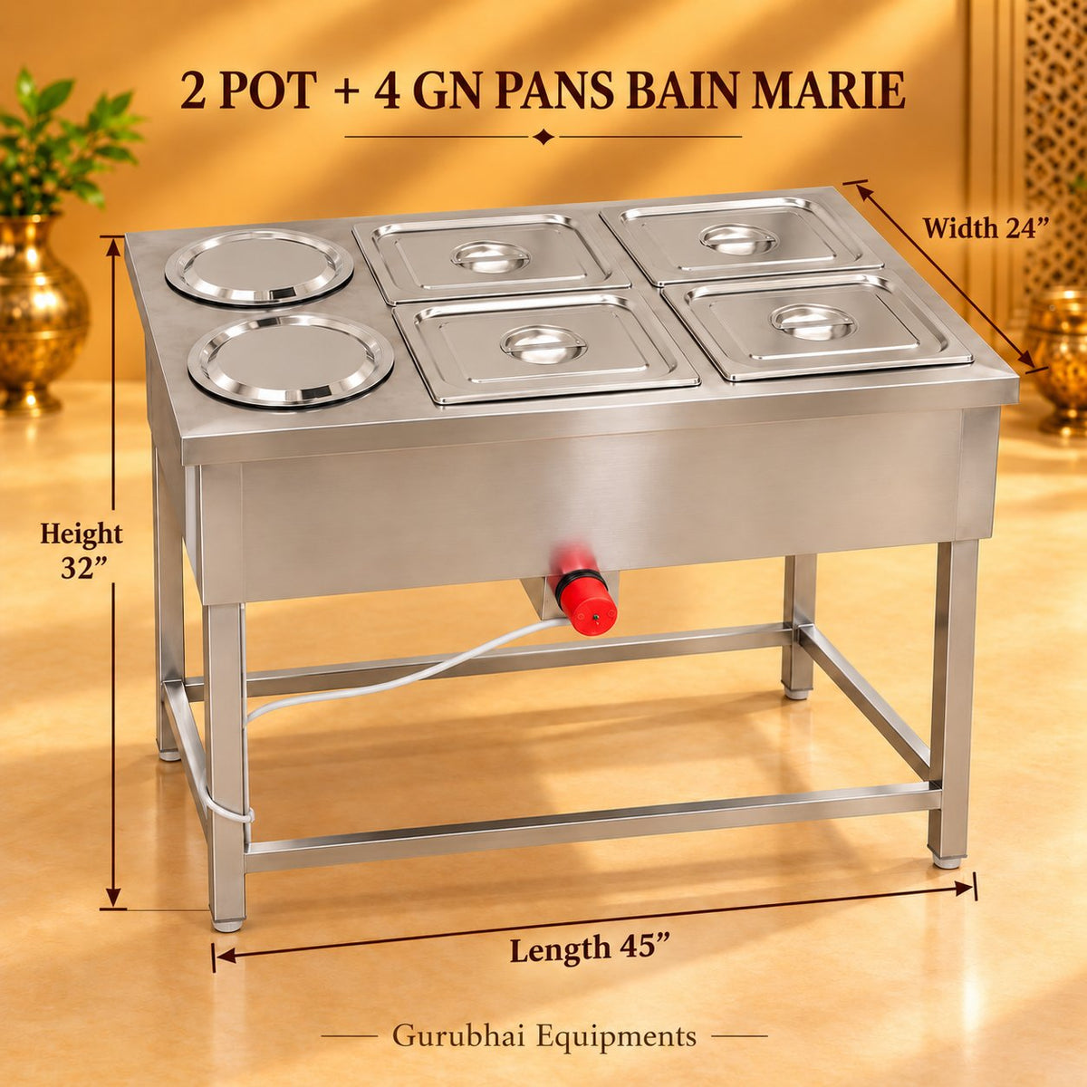 Gurubhai Equipments 2 Pot + 4 GN Pans Bain Marie – Dimensions & Specifications