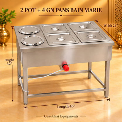 Gurubhai Equipments 2 Pot + 4 GN Pans Bain Marie – Dimensions & Specifications