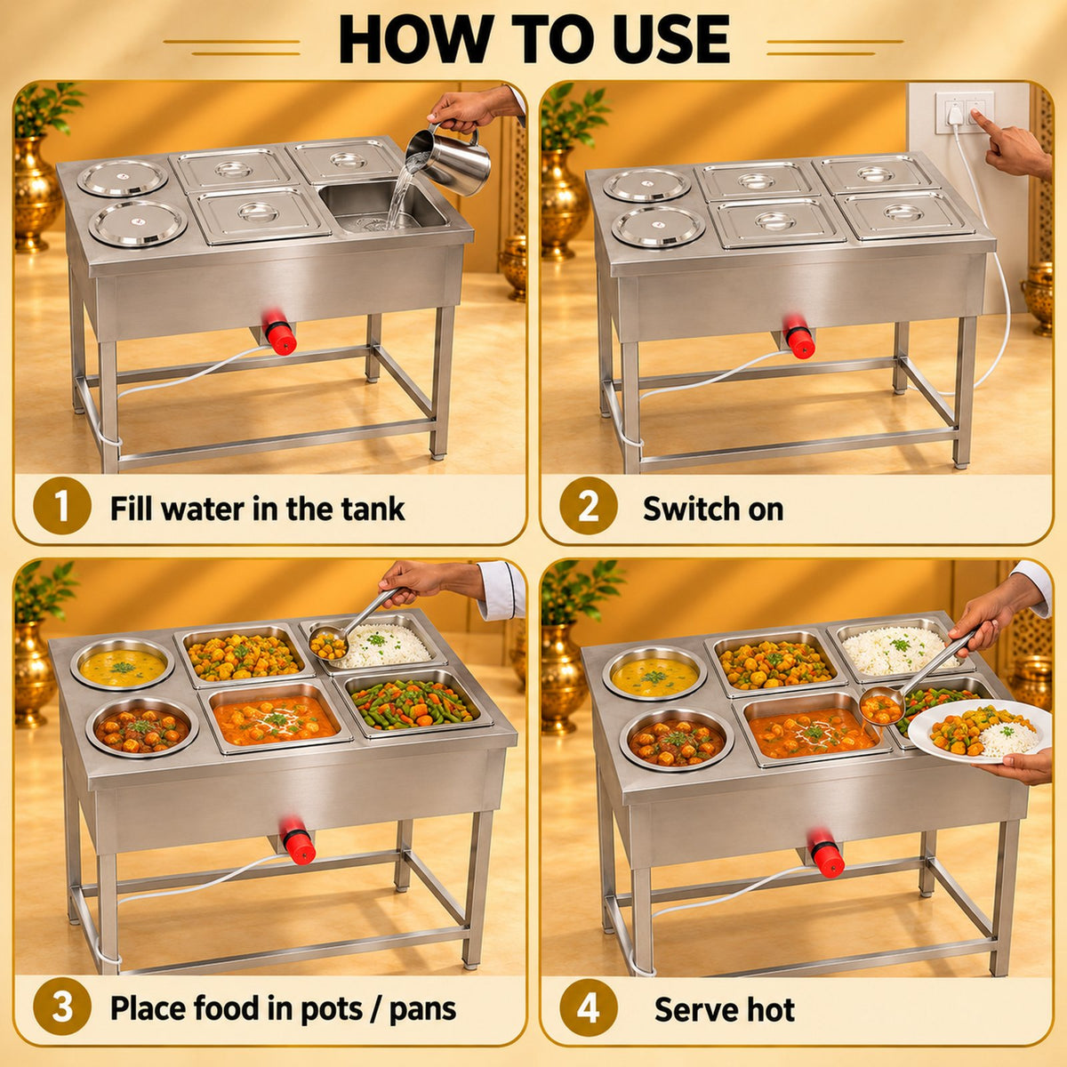 Gurubhai Equipments 2 Pot + 4 GN Pans Bain Marie – How to Use