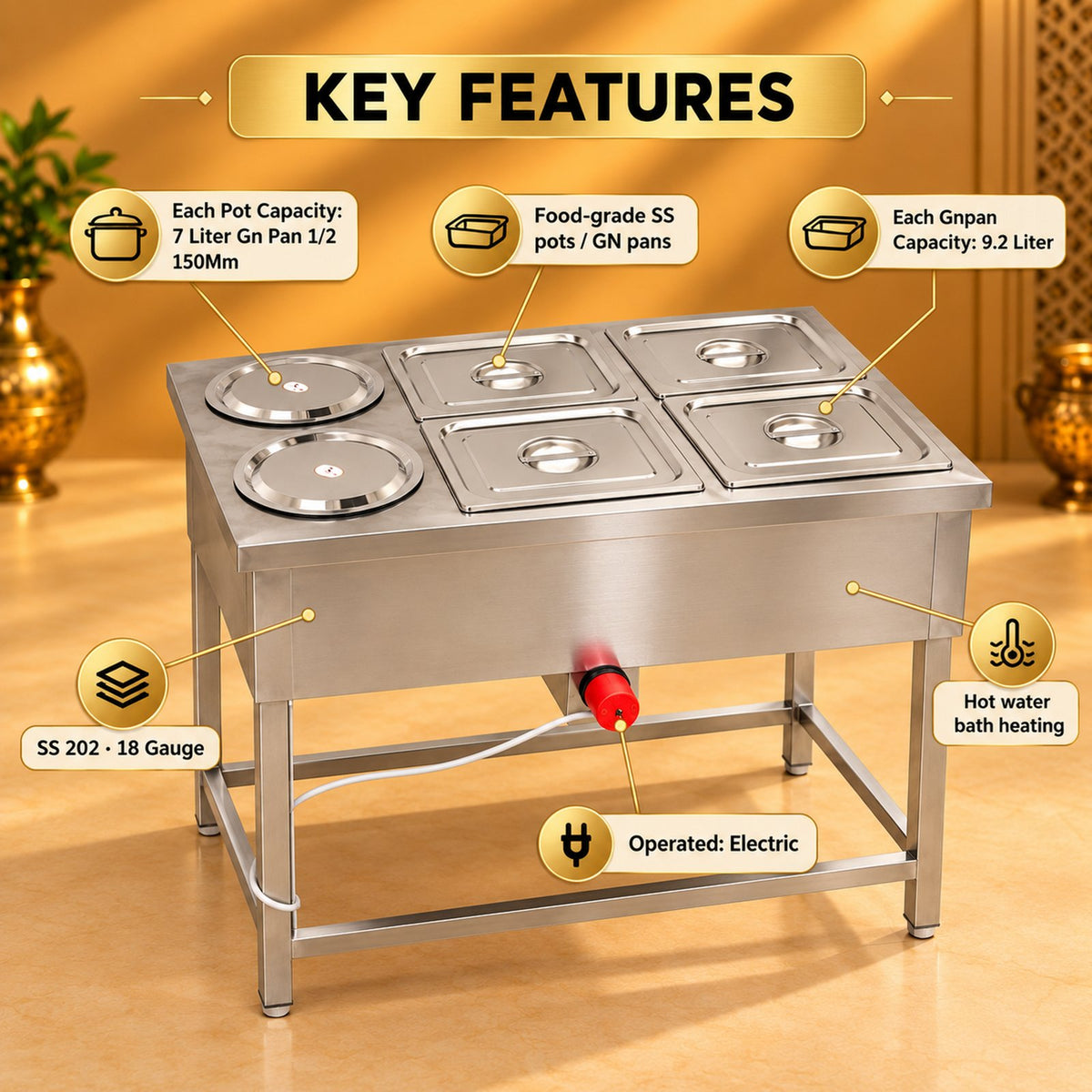 Gurubhai Equipments 2 Pot + 4 GN Pans Bain Marie – Key Features