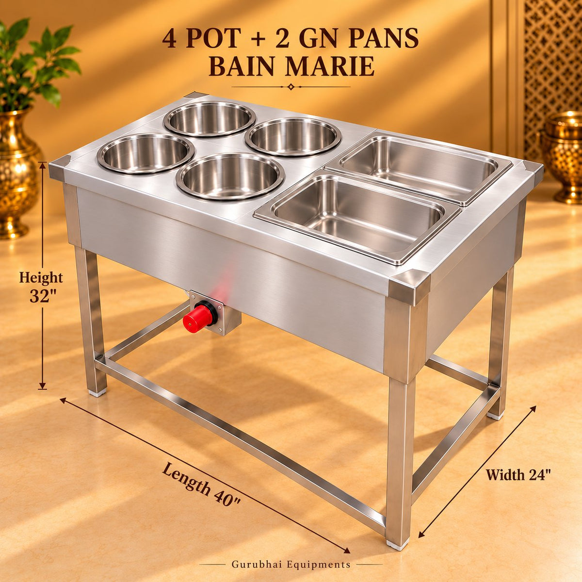 Gurubhai Equipments 4 Pot + 2 GN Pans Bain Marie – Dimensions & Specifications