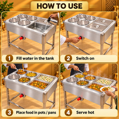 Gurubhai Equipments 4 Pot + 2 GN Pans Bain Marie – How to Use
