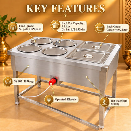 Gurubhai Equipments 4 Pot + 2 GN Pans Bain Marie – Key Features