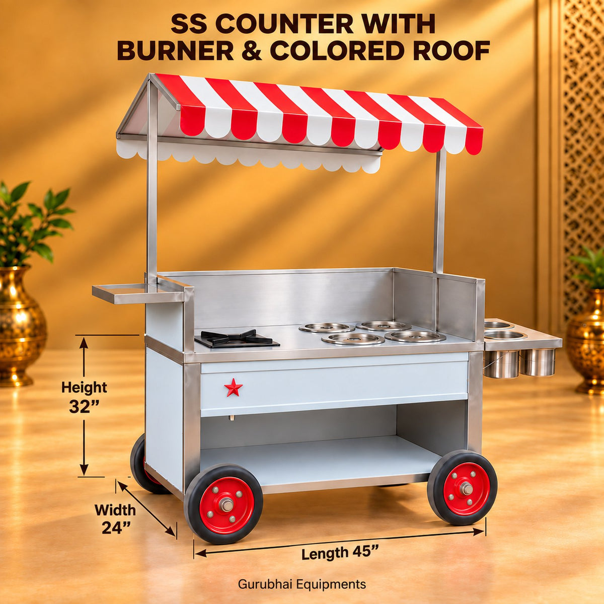 Gurubhai Equipments SS Counter With Burner & Colored Roof – Dimensions & Specifications