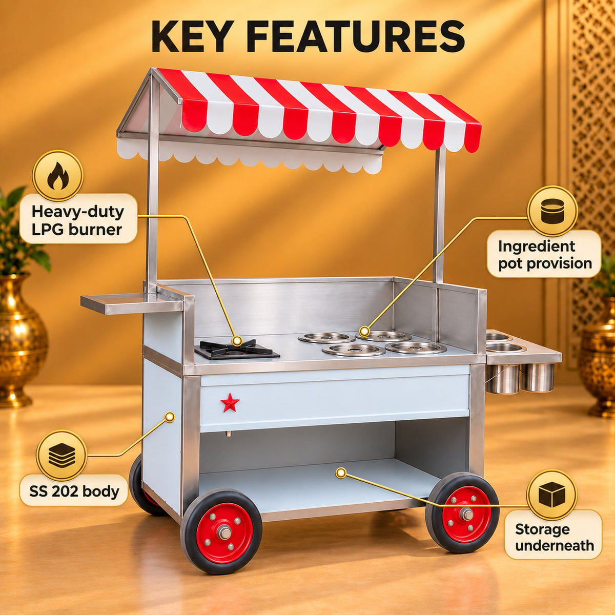 Gurubhai Equipments SS Counter With Burner & Colored Roof – Key Features