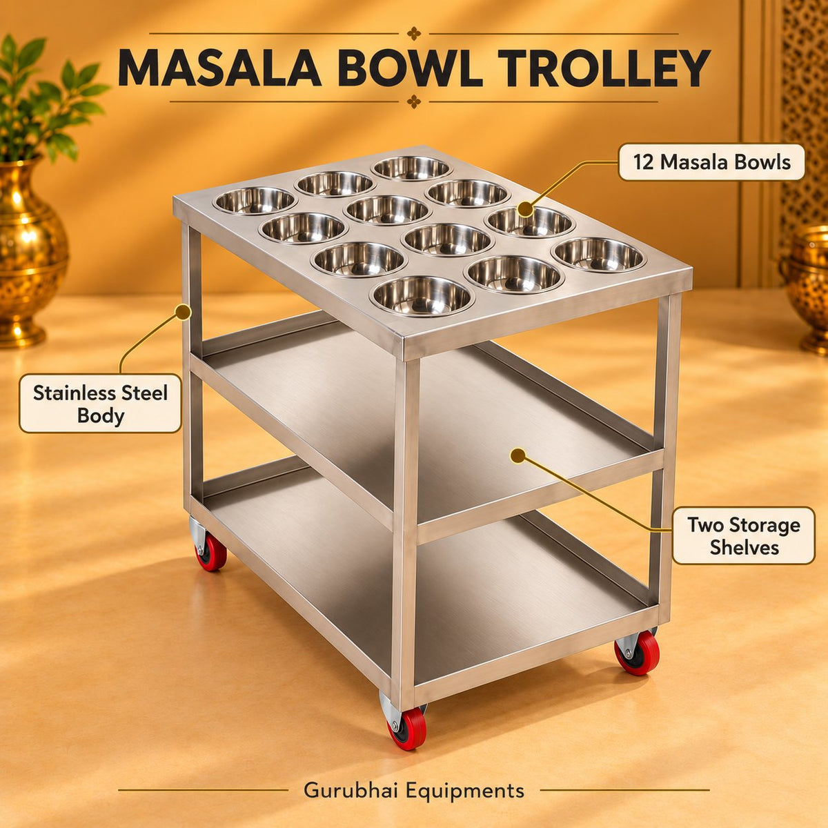 Gurubhai Equipments Masala Bowl Trolley – Dimensions & Specifications