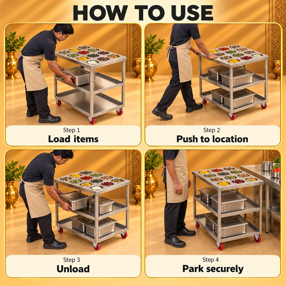 Gurubhai Equipments Masala Bowl Trolley – How to Use