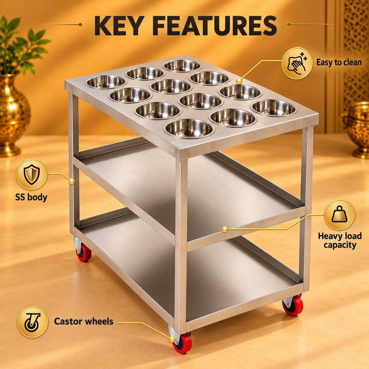 Gurubhai Equipments Masala Bowl Trolley – Key Features