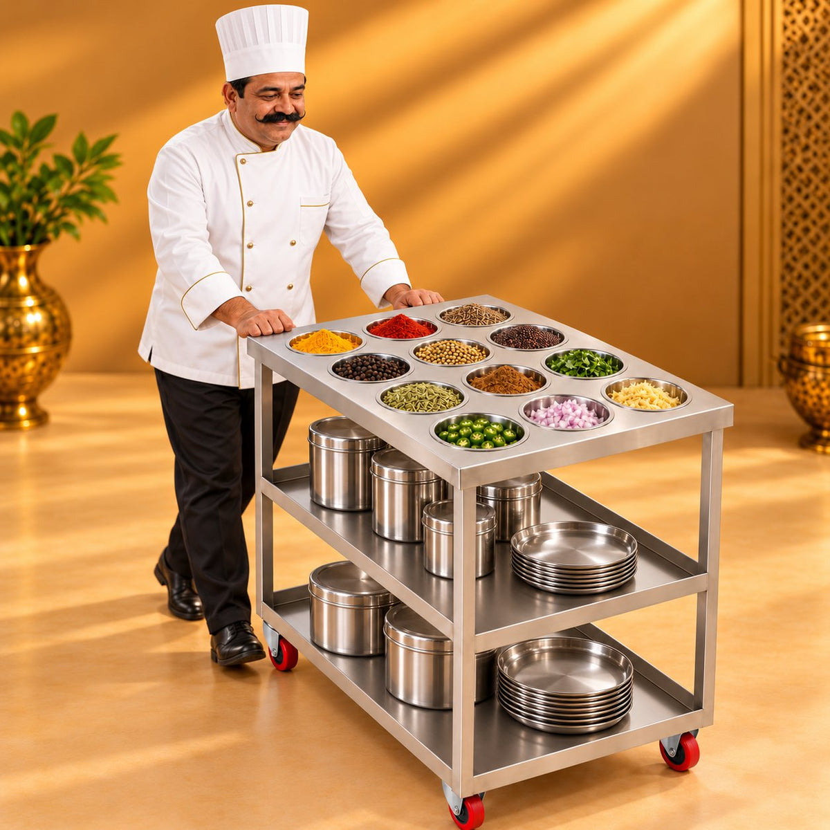 Gurubhai Equipments Masala Bowl Trolley – Chef Gurubhai Demo