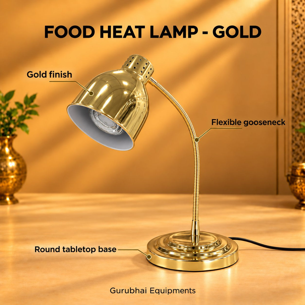 Gurubhai Equipments Food Heat Lamp - Gold – Dimensions & Specifications