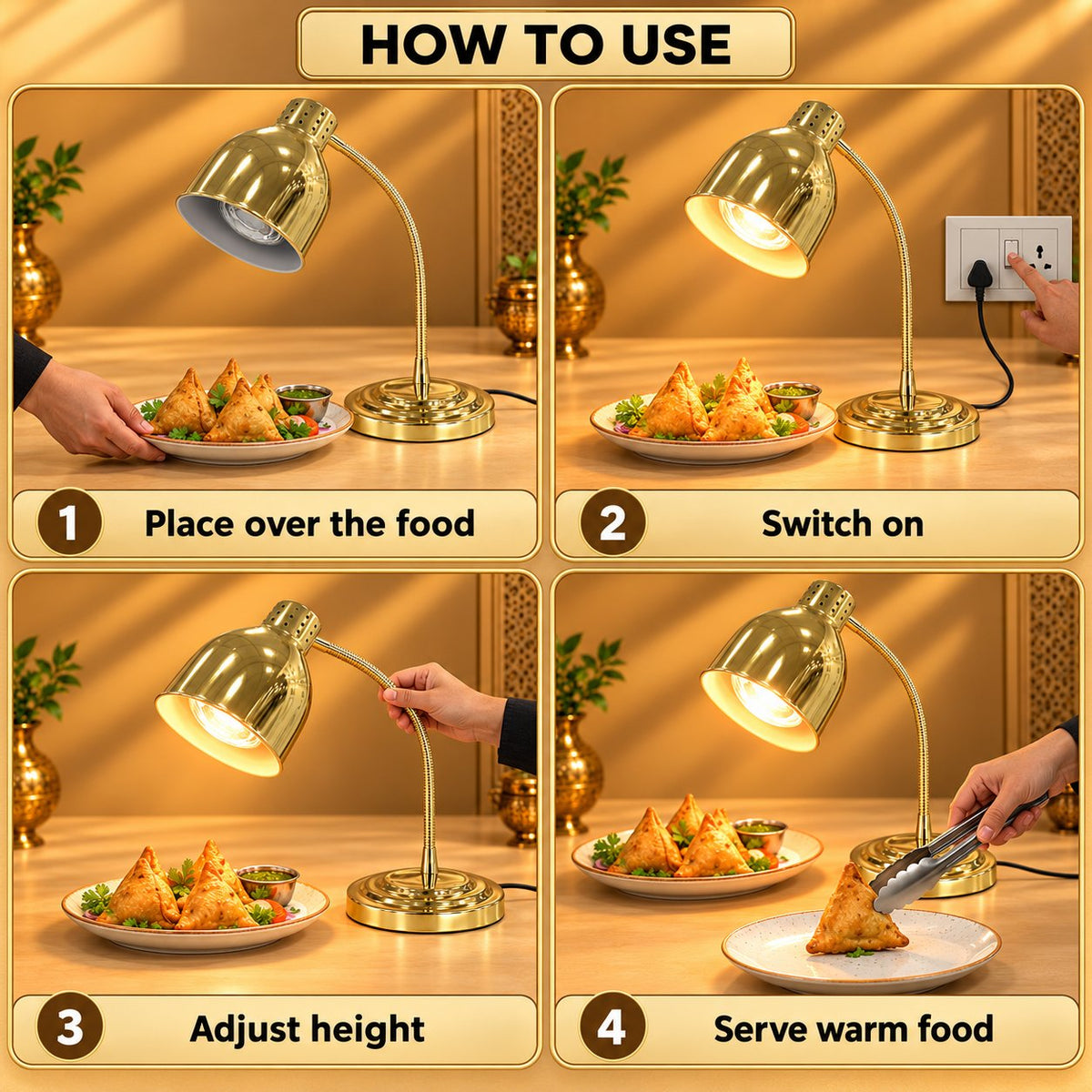 Gurubhai Equipments Food Heat Lamp - Gold – How to Use