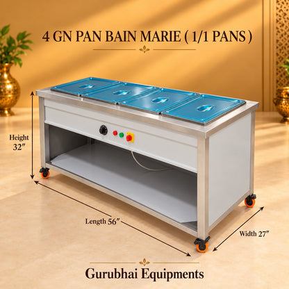 Gurubhai Equipments 4 GN Pan Bain Marie (1/1 Pans) – Dimensions & Specifications