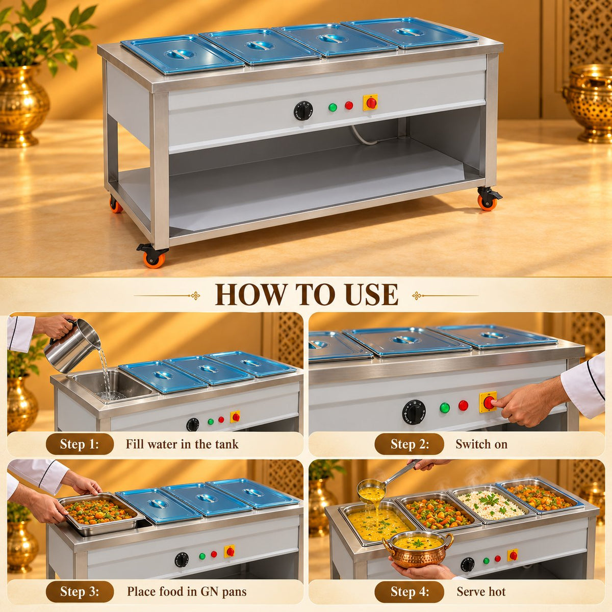 Gurubhai Equipments 4 GN Pan Bain Marie (1/1 Pans) – How to Use