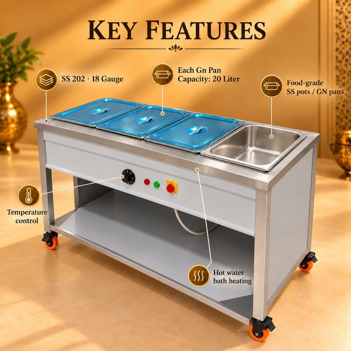 Gurubhai Equipments 4 GN Pan Bain Marie (1/1 Pans) – Key Features