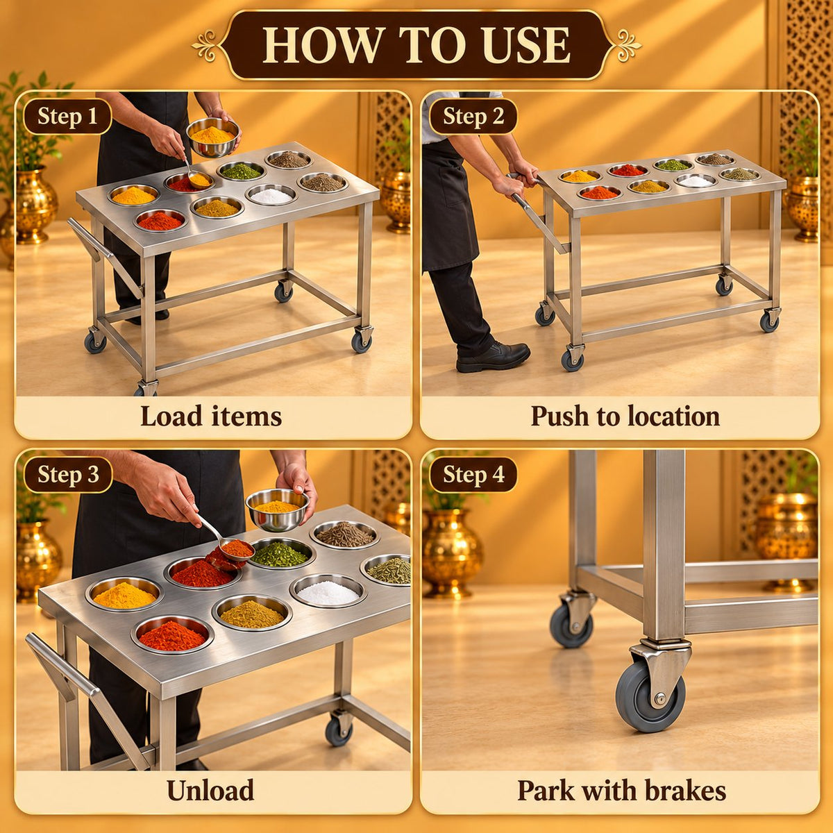 Gurubhai Equipments Masala Pot Trolley – How to Use