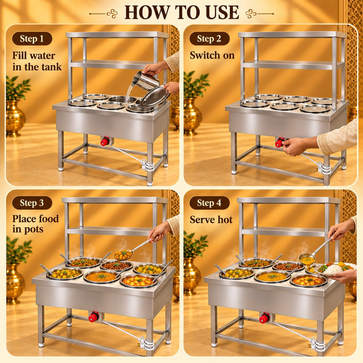 Gurubhai Equipments 6 Pot Bain Marie With 2OH/S – How to Use