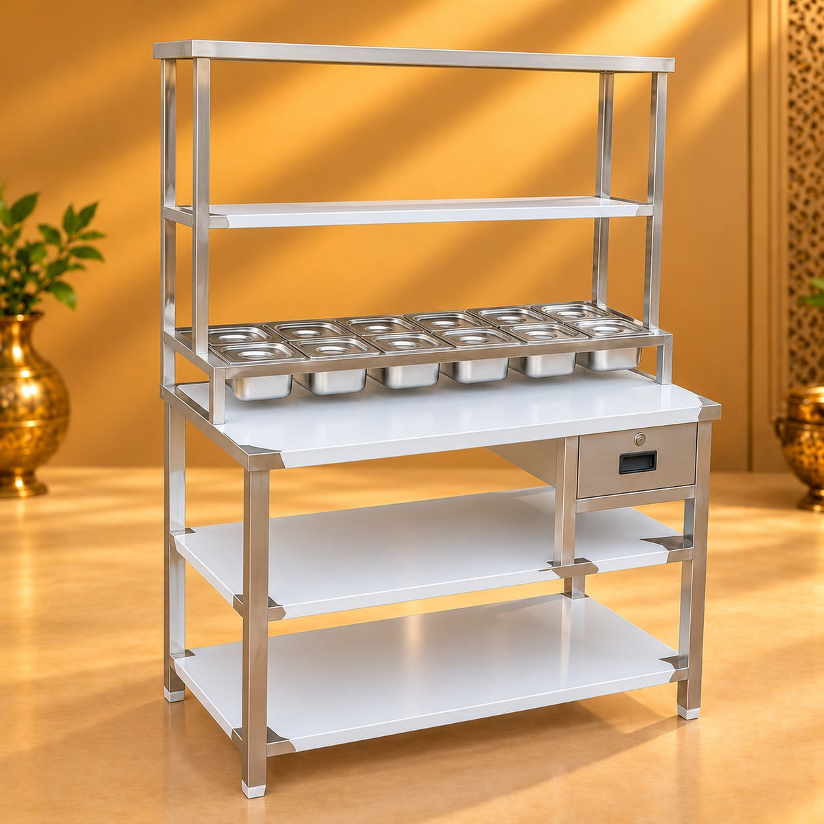 Gurubhai Equipments Pickup Table With GN Pan Stand – Hero View