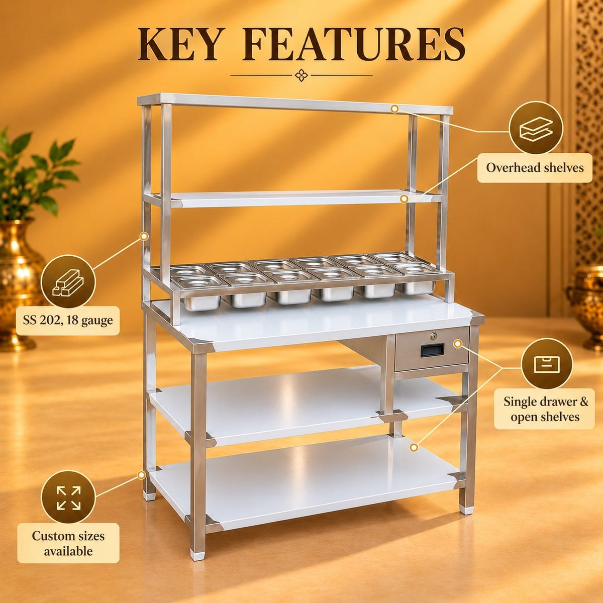 Gurubhai Equipments Pickup Table With GN Pan Stand – Key Features