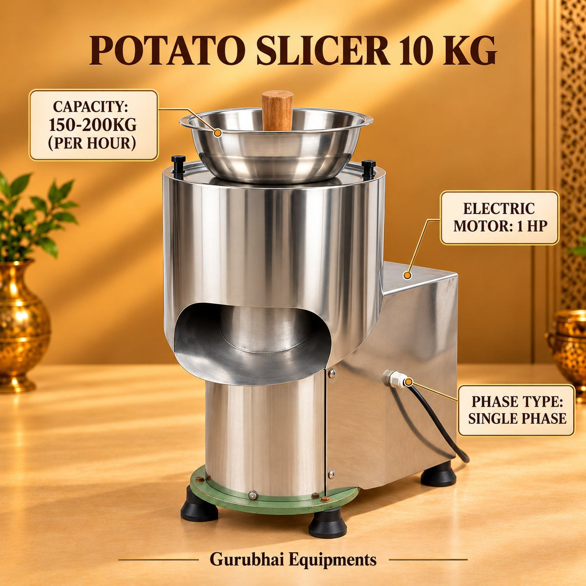 Gurubhai Equipments Potato Slicer 10 Kg – Dimensions & Specifications