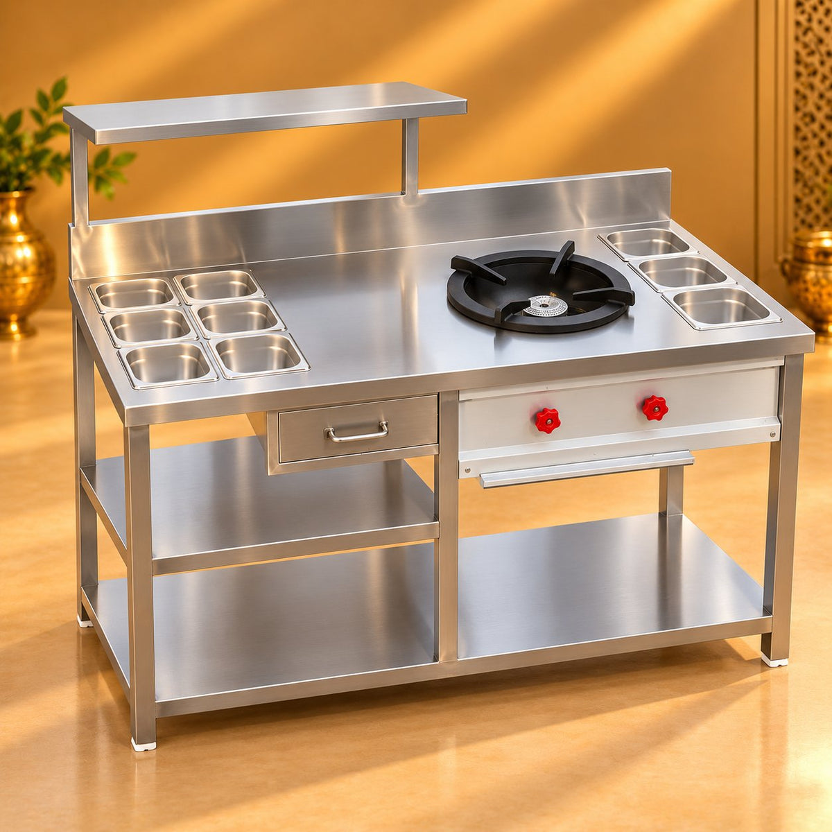 Gurubhai Equipments SS Single Burner With GN Pan Counter – Hero View