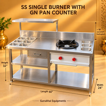 Gurubhai Equipments SS Single Burner With GN Pan Counter – Dimensions & Specifications