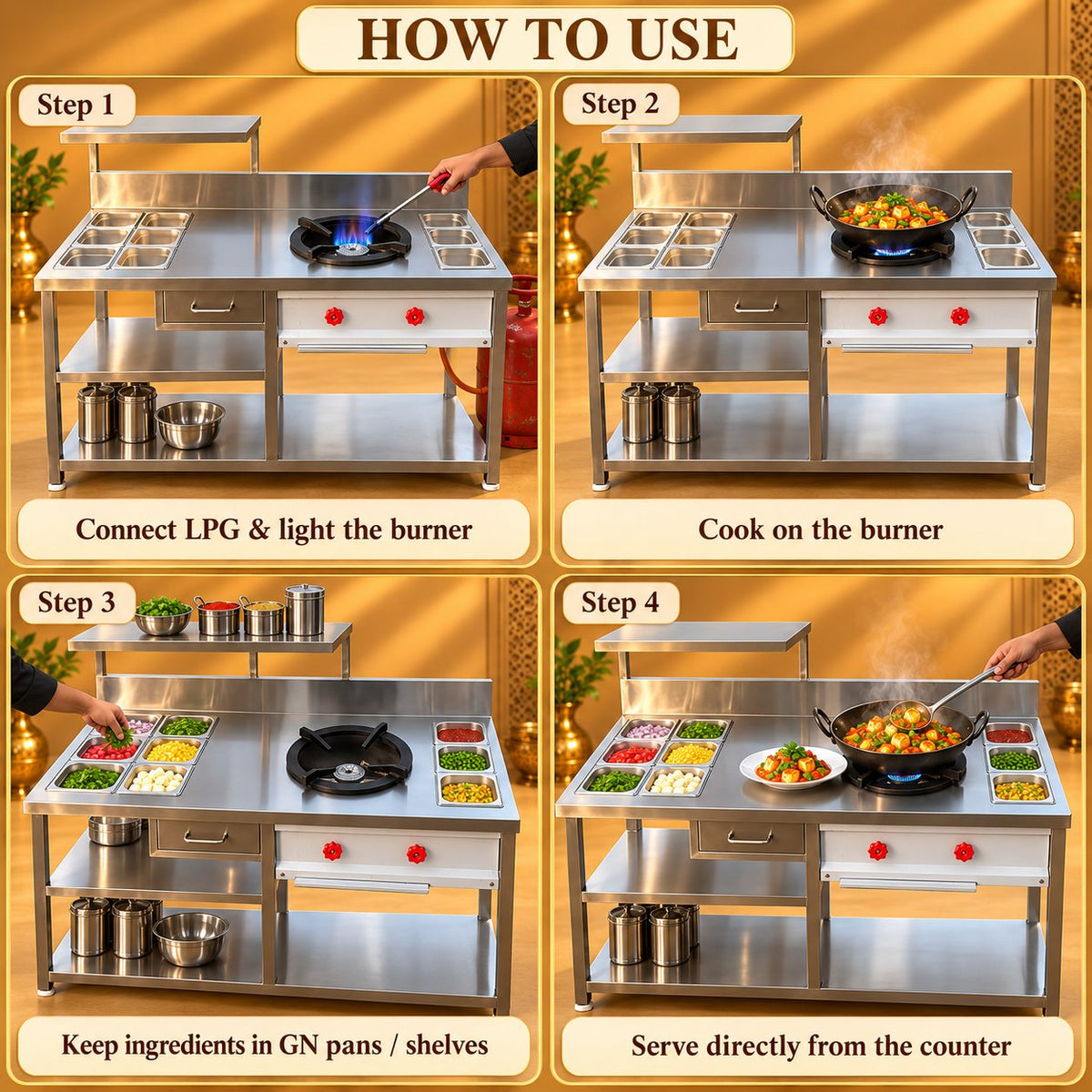 Gurubhai Equipments SS Single Burner With GN Pan Counter – How to Use