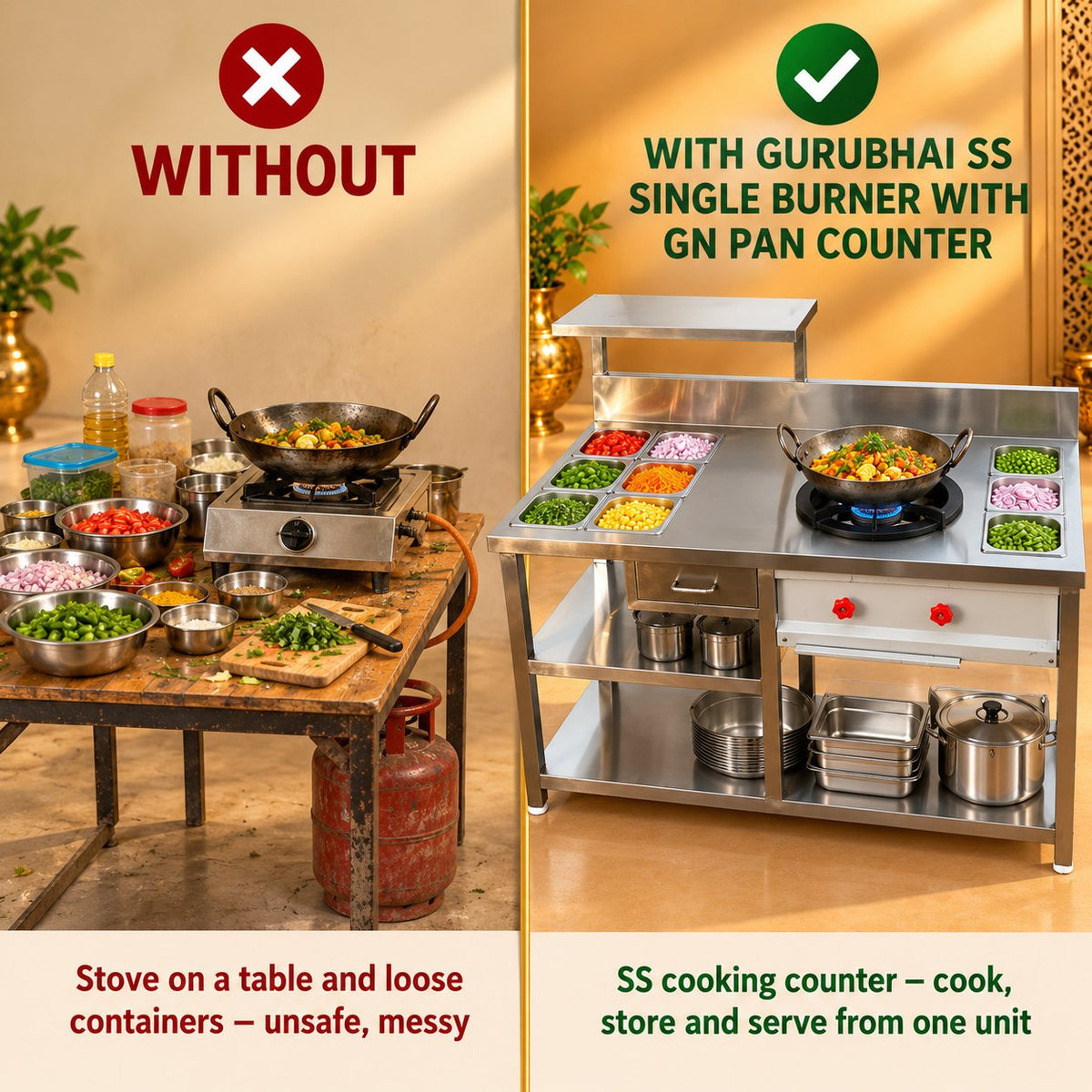 Gurubhai Equipments SS Single Burner With GN Pan Counter – Why Choose It