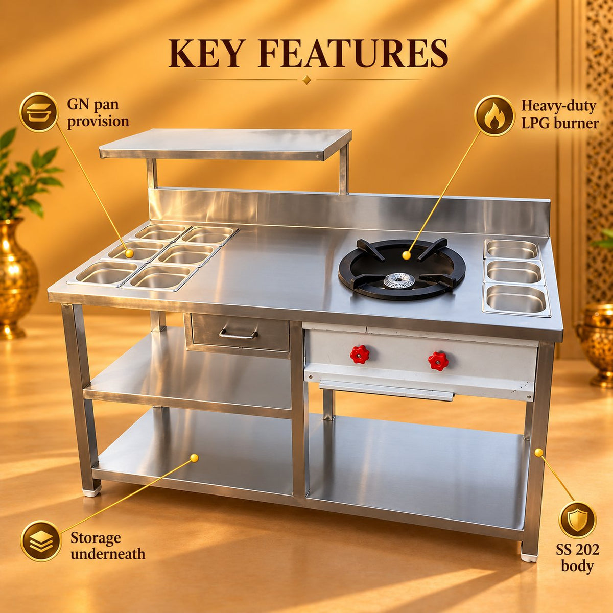 Gurubhai Equipments SS Single Burner With GN Pan Counter – Key Features