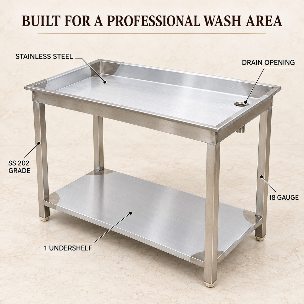 SS Dish Landing Table – 42 × 24 × 34 in