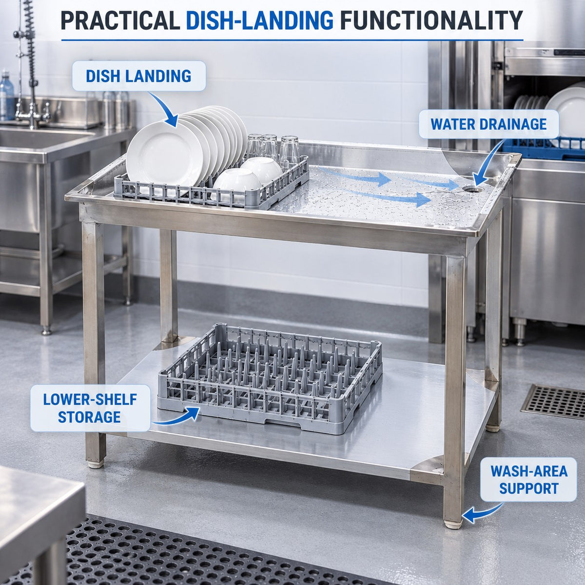 SS Dish Landing Table – 42 × 24 × 34 in