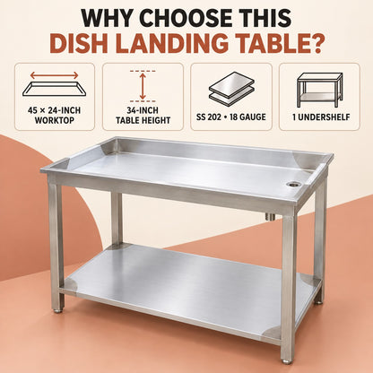 SS Dish Landing Table – 42 × 24 × 34 in