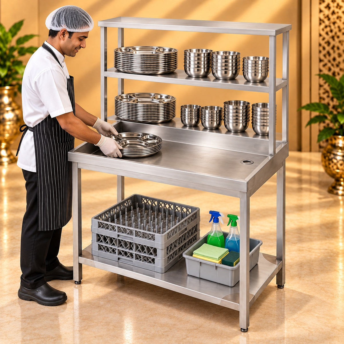 SS Dish Landing Table with Pickup – 42 × 24 × 24 + 18 + 12 in