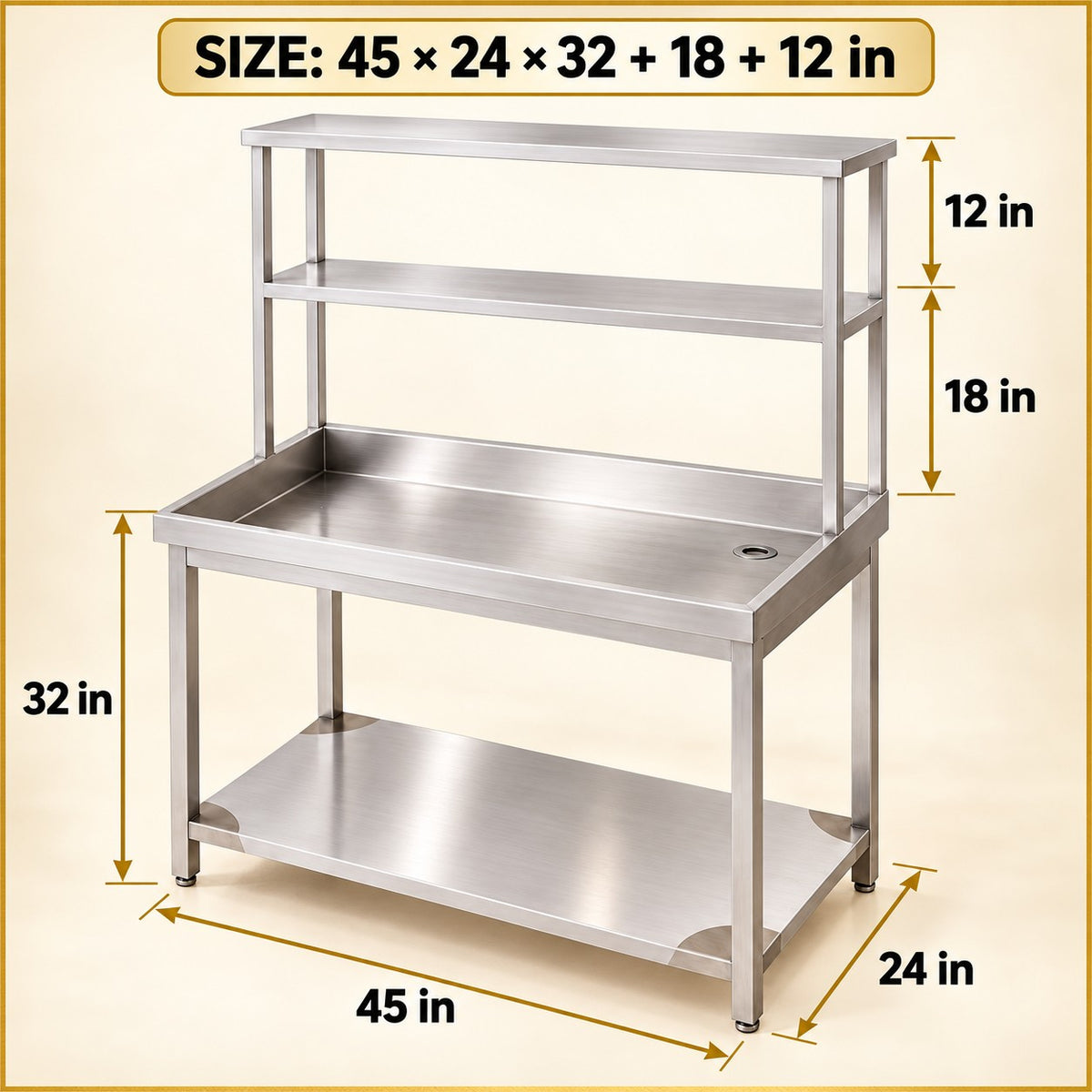 SS Dish Landing Table with Pickup – 42 × 24 × 24 + 18 + 12 in