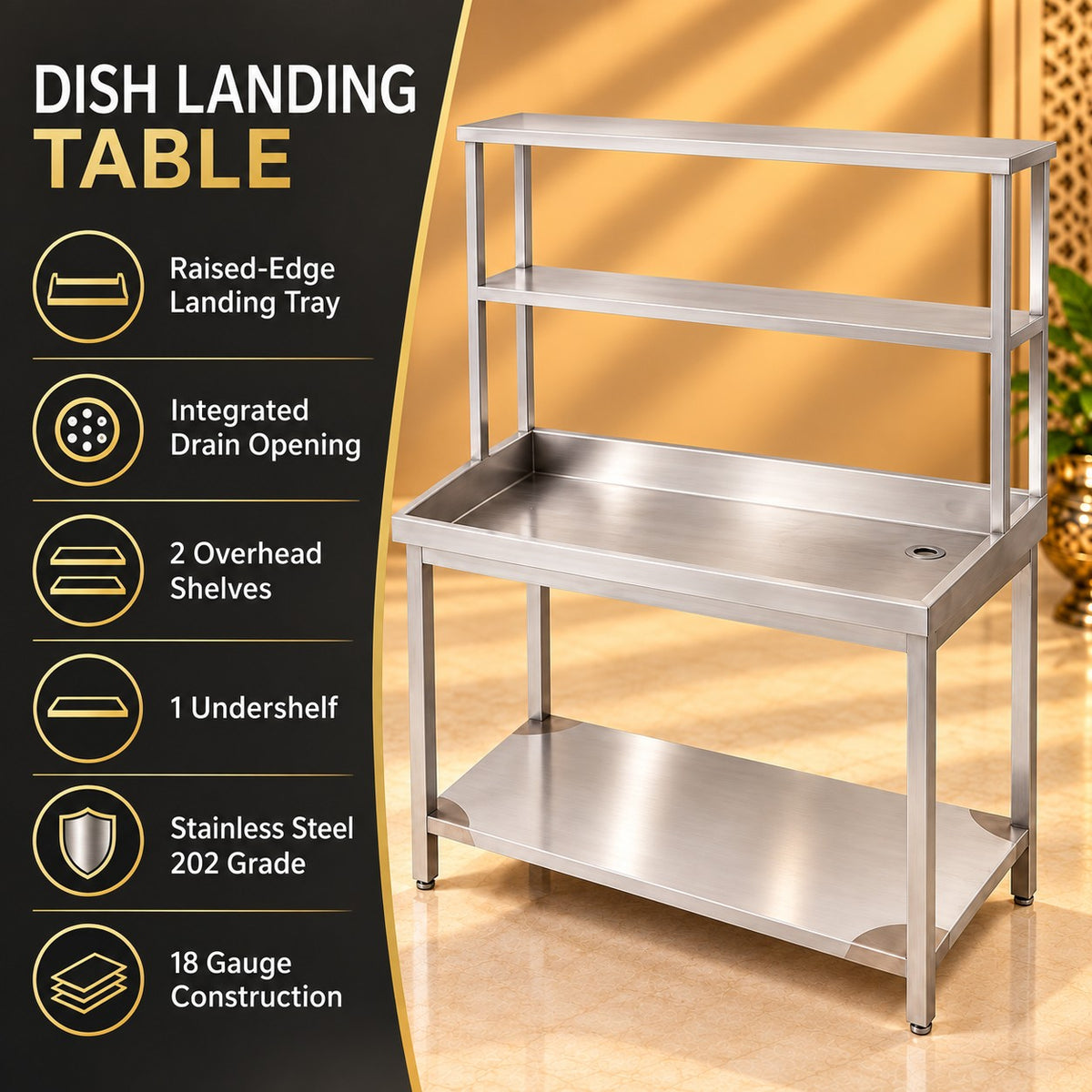 SS Dish Landing Table with Pickup – 42 × 24 × 24 + 18 + 12 in